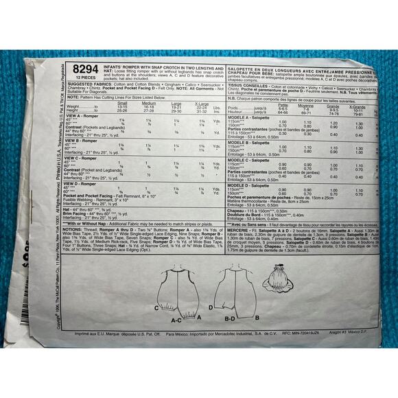 McCalls 8294 Sewing pattern baby romper with snap crotch - Picture 3 of 6